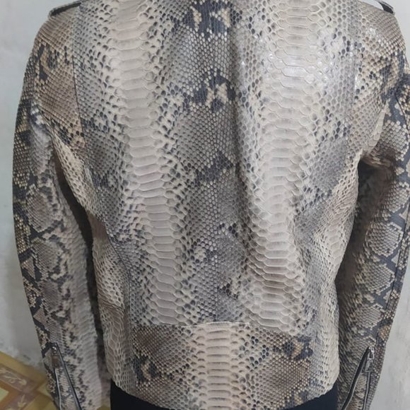Gray Snakeskin Leather Motorcycle Jacket - Picture 3 of 7